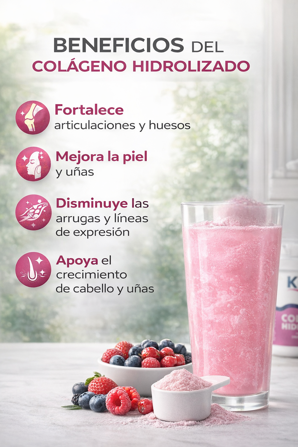 Colágeno Hidrolizado + Resveratrol, Biotina y Vitamina C. Sin Azúcar, Sabor frutos rojos